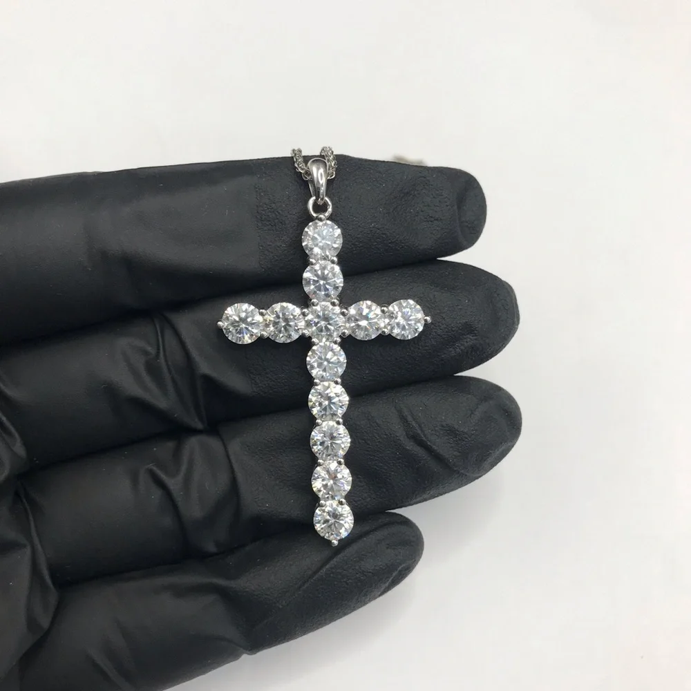 925 Sterling Silver 6.00CT MOISSANITE Cross Pendant Necklace Size 18”